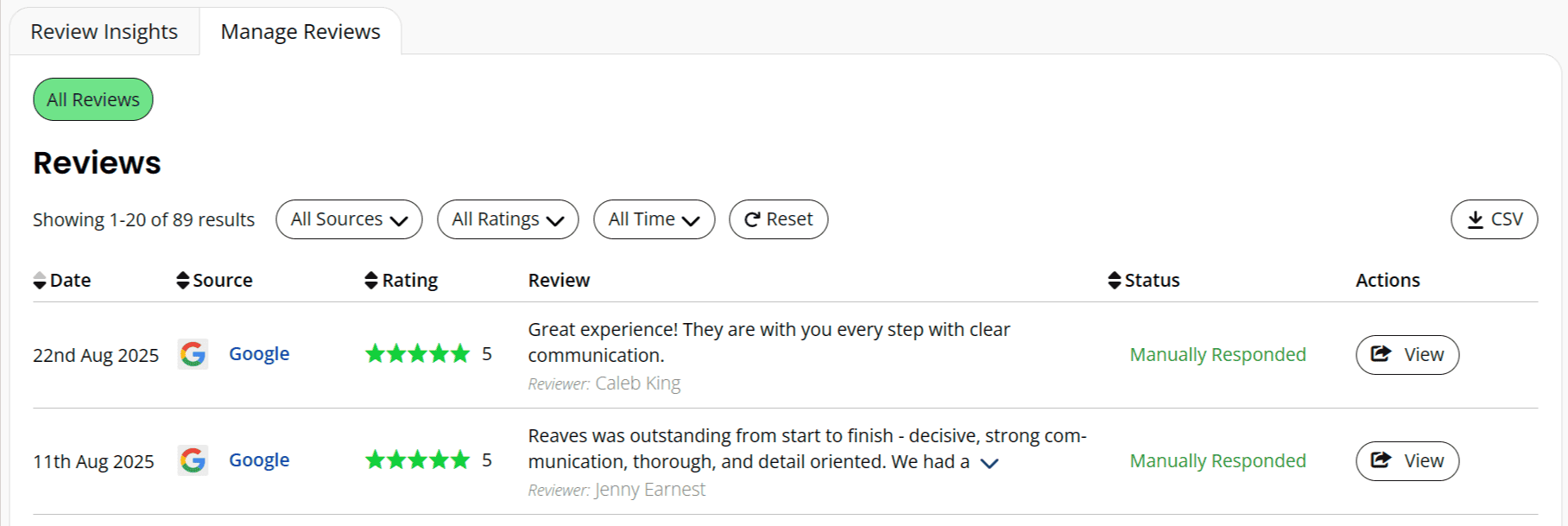 Review management screenshot of date, star rating, review, and link to respond.