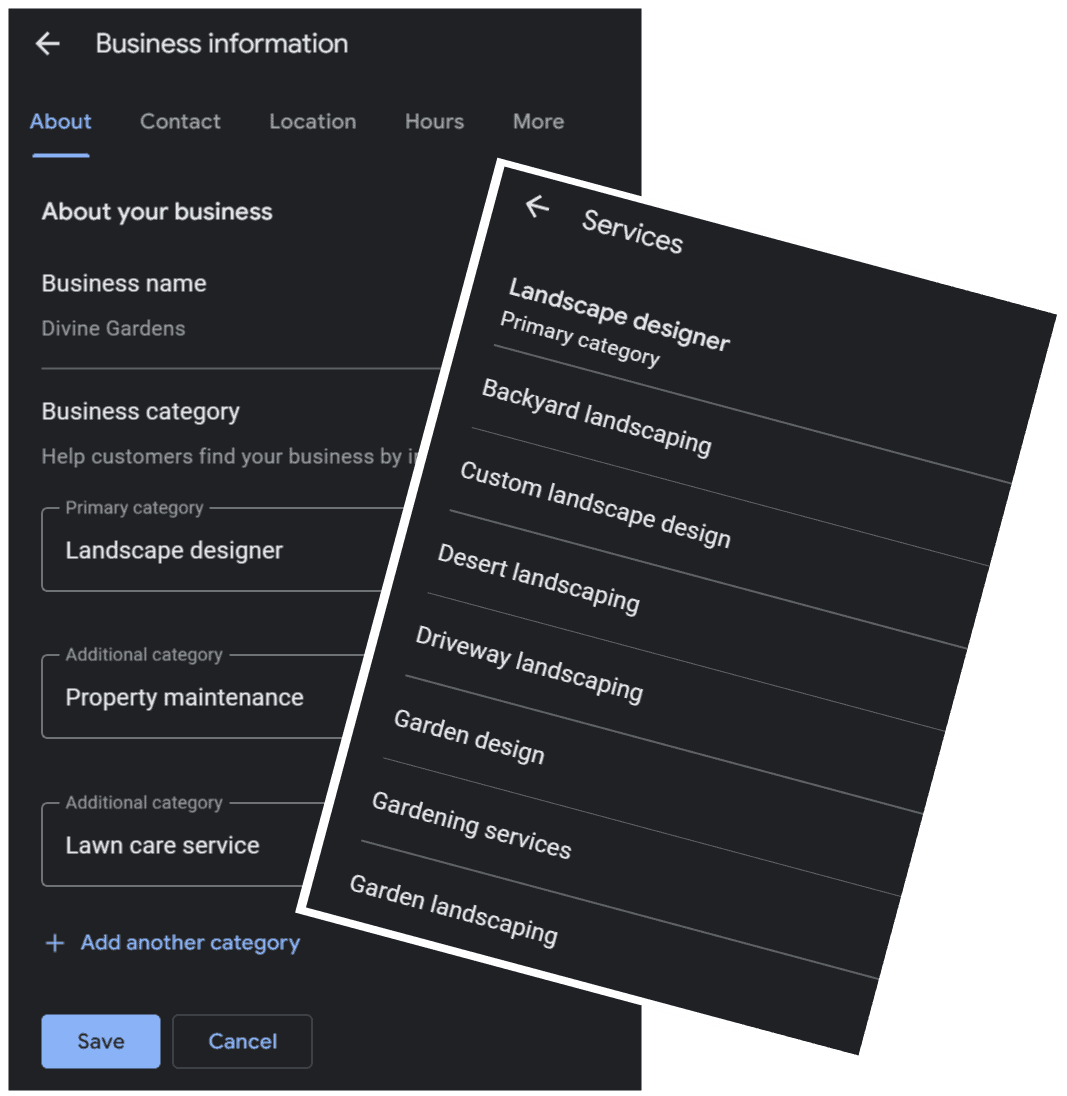 A list of GBP Categories and Services including landscape designer, backyard landscaping, custom landscape design, desert landscaping, etc.