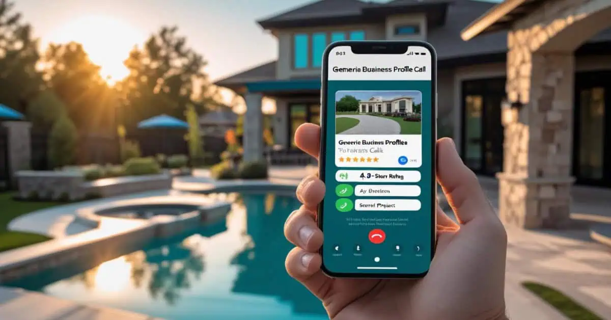 Pool contractor Google Business Profile on smartphone, showing categories and reviews.
