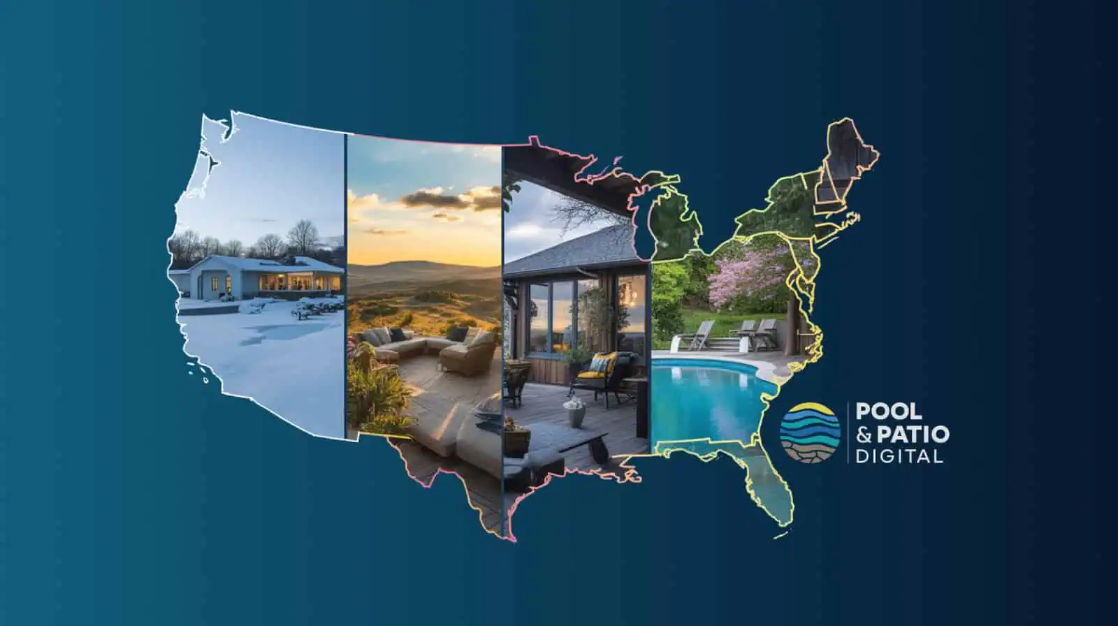 US Map showing the four time zones with regional photos.