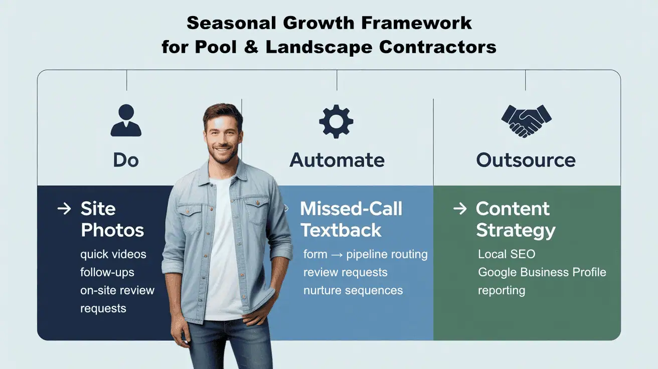 Do/Automate/Outsource framework for seasonal pool and landscape marketing.