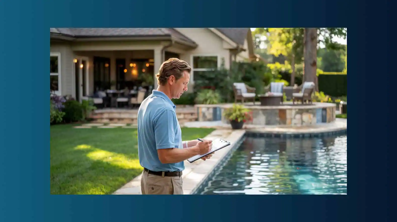 Professional pool and landscaping contractor reviewing work at a finished residential backyard with pool and patio.